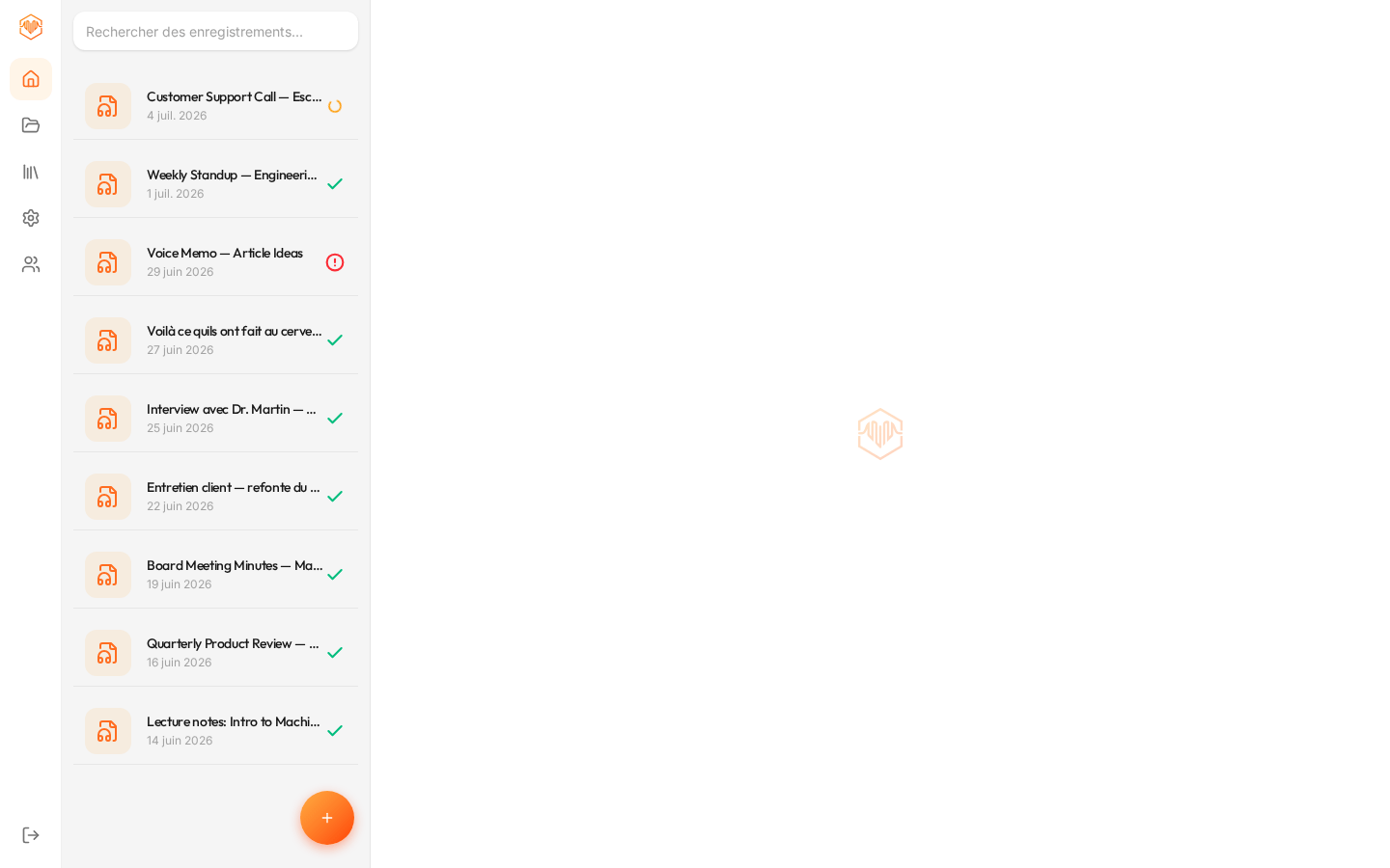 Tableau de bord des enregistrements aScribe (interface produit pouvant être en français)