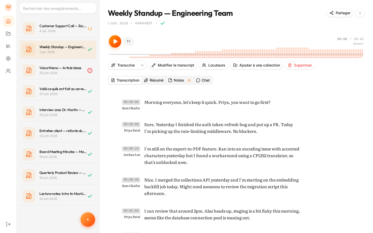 Recording transcript with timestamps (product UI may appear in French)